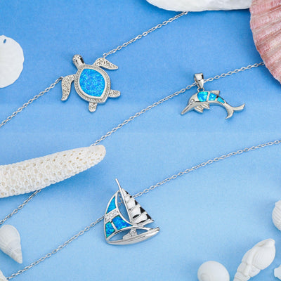 Nautical Blue Opal Inlay Sea Turtle Pendant Necklace Sterling Silver Birthstone - Bling Jewelry
