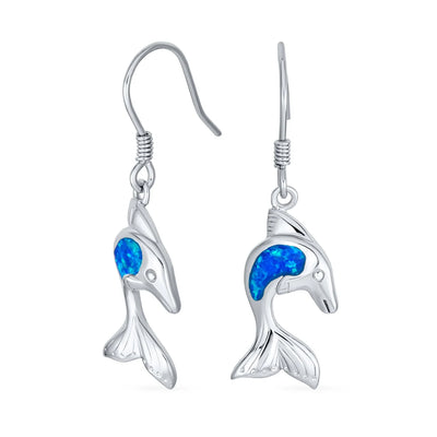 Gemstone Created Blue Opal Dolphin Dangle Gemstone Earrings in Sterling Silver - Bling Jewelry