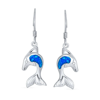 Gemstone Created Blue Opal Dolphin Dangle Gemstone Earrings in Sterling Silver - Bling Jewelry