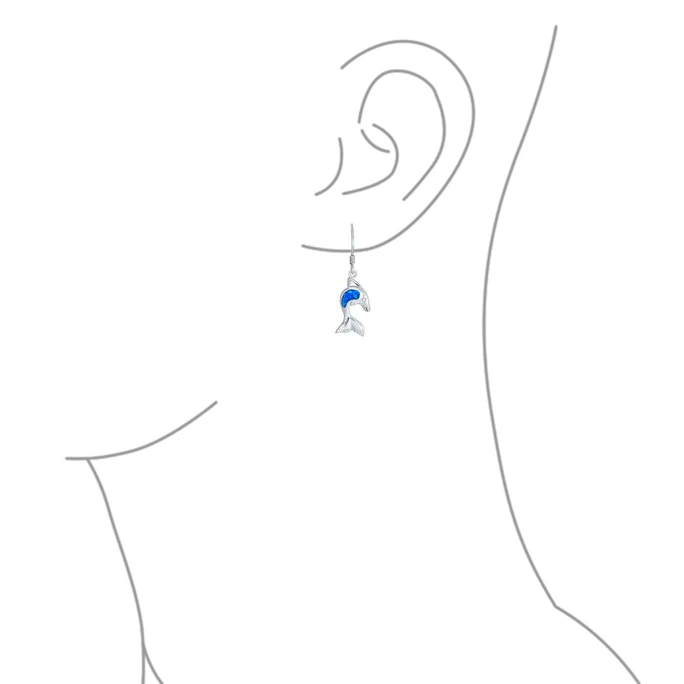 Gemstone Created Blue Opal Dolphin Dangle Gemstone Earrings in Sterling Silver - Bling Jewelry
