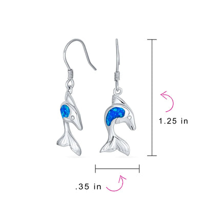 Gemstone Created Blue Opal Dolphin Dangle Gemstone Earrings in Sterling Silver - Bling Jewelry
