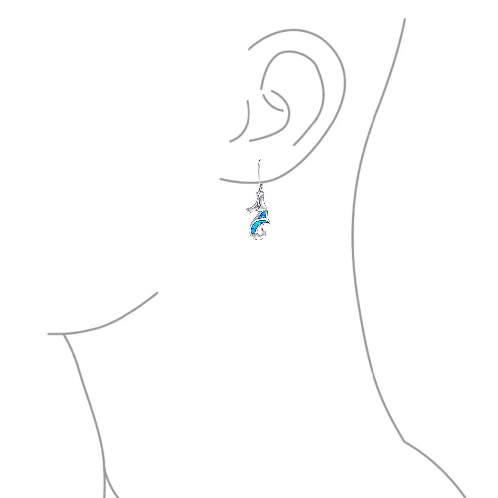Sea Animal Blue Opal Gemstone Seahorse Dangle Earrings Silver Lever back - Bling Jewelry