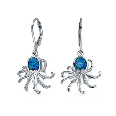 Nautical Blue Opal Octopus Dangle Gemstone Earrings in Sterling Silver - Bling Jewelry