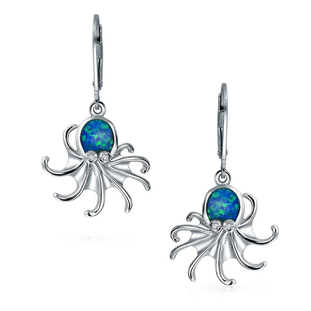 Nautical Blue Opal Octopus Dangle Gemstone Earrings in Sterling Silver - Bling Jewelry