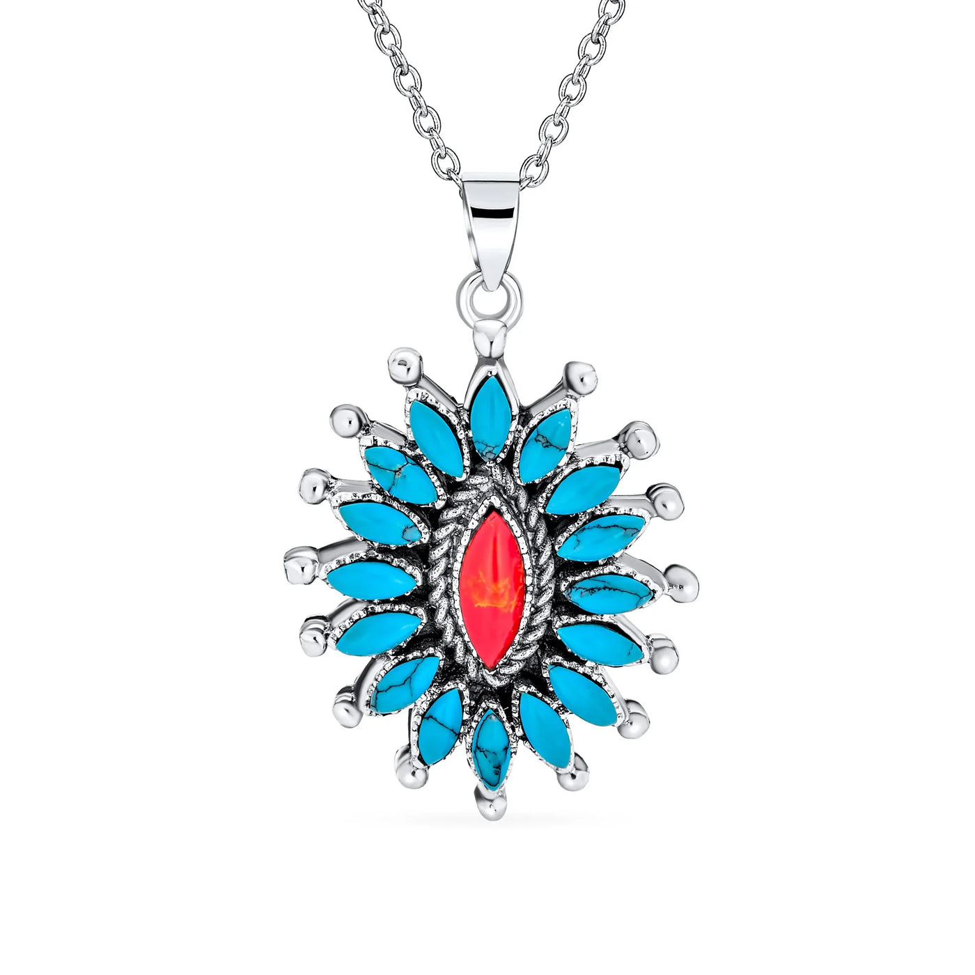 Southwestern Navajo Style Coral Turquoise Zuni Flower Pendant Necklace Silver - Bling Jewelry