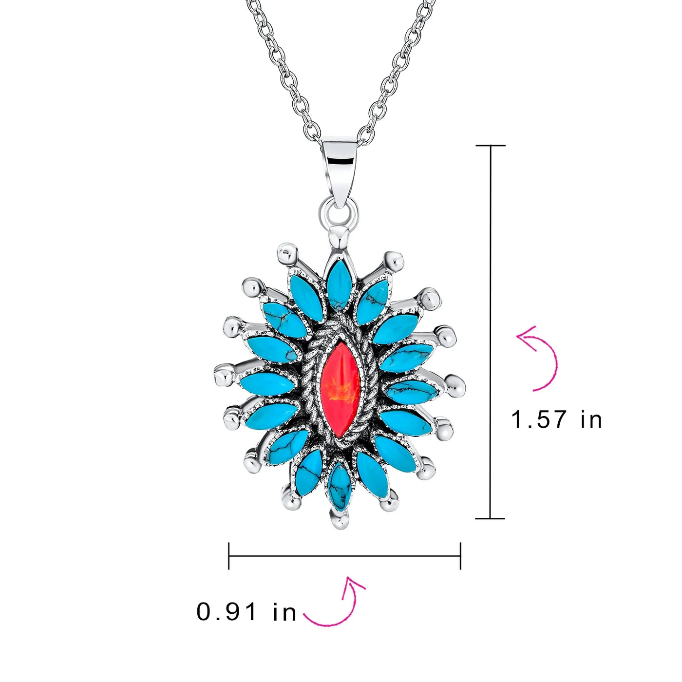 Southwestern Navajo Style Coral Turquoise Zuni Flower Pendant Necklace Silver - Bling Jewelry