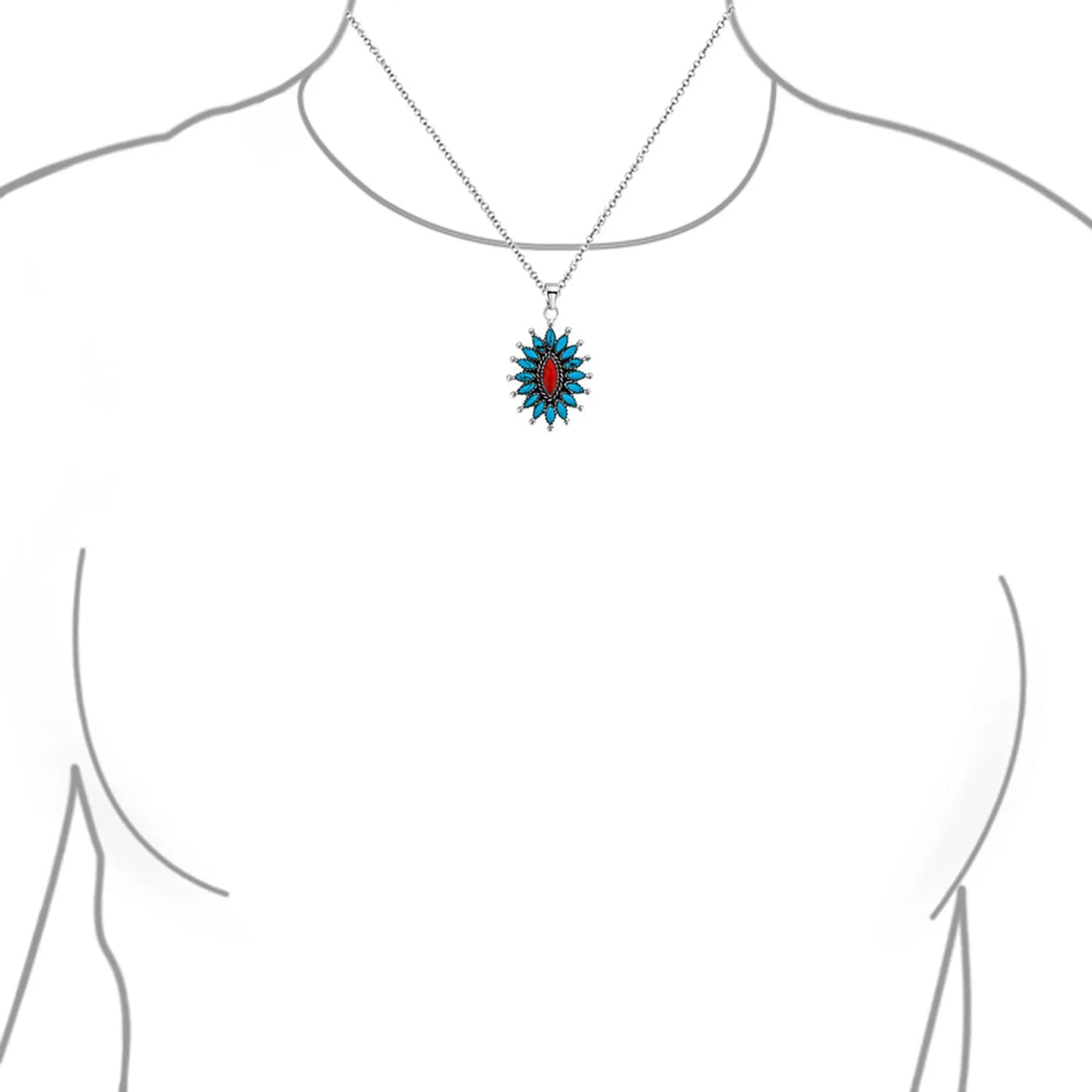 Southwestern Navajo Style Coral Turquoise Zuni Flower Pendant Necklace Silver - Bling Jewelry