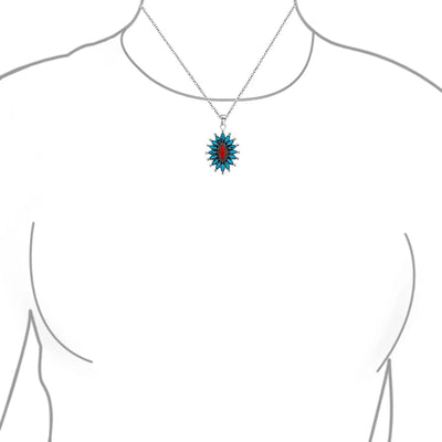 Southwestern Navajo Style Coral Turquoise Zuni Flower Pendant Necklace Silver - Bling Jewelry