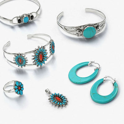 Southwestern Navajo Style Coral Turquoise Zuni Flower Pendant Necklace Silver - Bling Jewelry