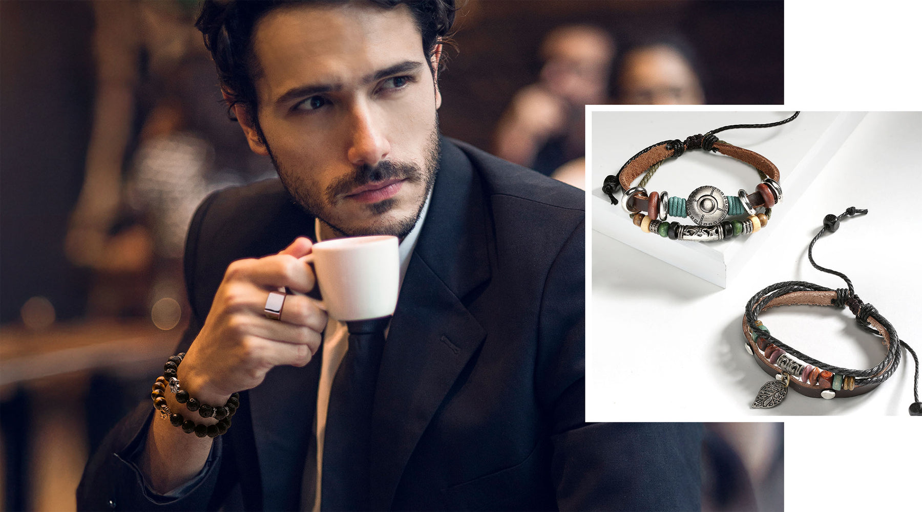 Man holding a coffee cup with a close-up of bracelets on a white background