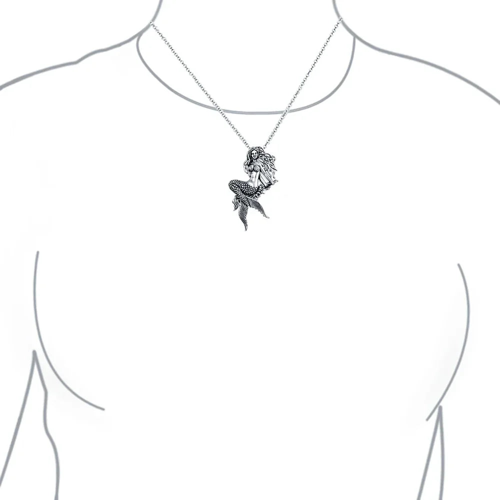 Nautical Sea Siren Mermaid Pendant Necklace in Oxidized Sterling Silver - Bling Jewelry