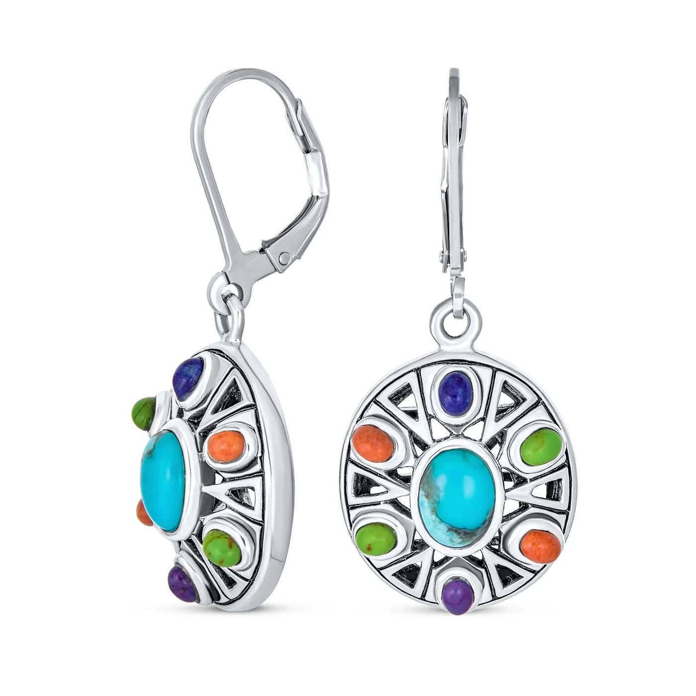 Western Jewelry Multicolor Dangle Gemstone Earrings Sterling Silver Lever Back - Bling Jewelry