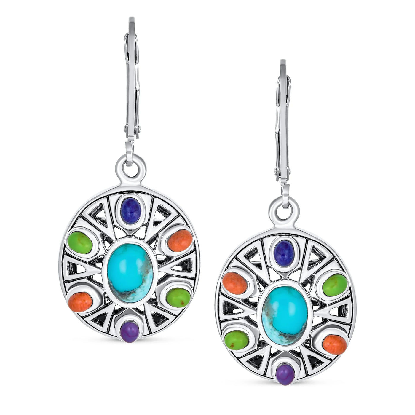 Western Jewelry Multicolor Dangle Gemstone Earrings Sterling Silver Lever Back - Bling Jewelry