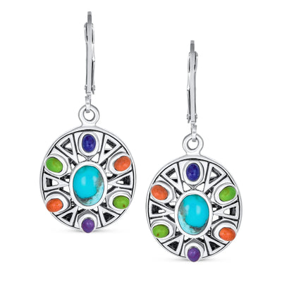 Western Jewelry Multicolor Dangle Gemstone Earrings Sterling Silver Lever Back - Bling Jewelry