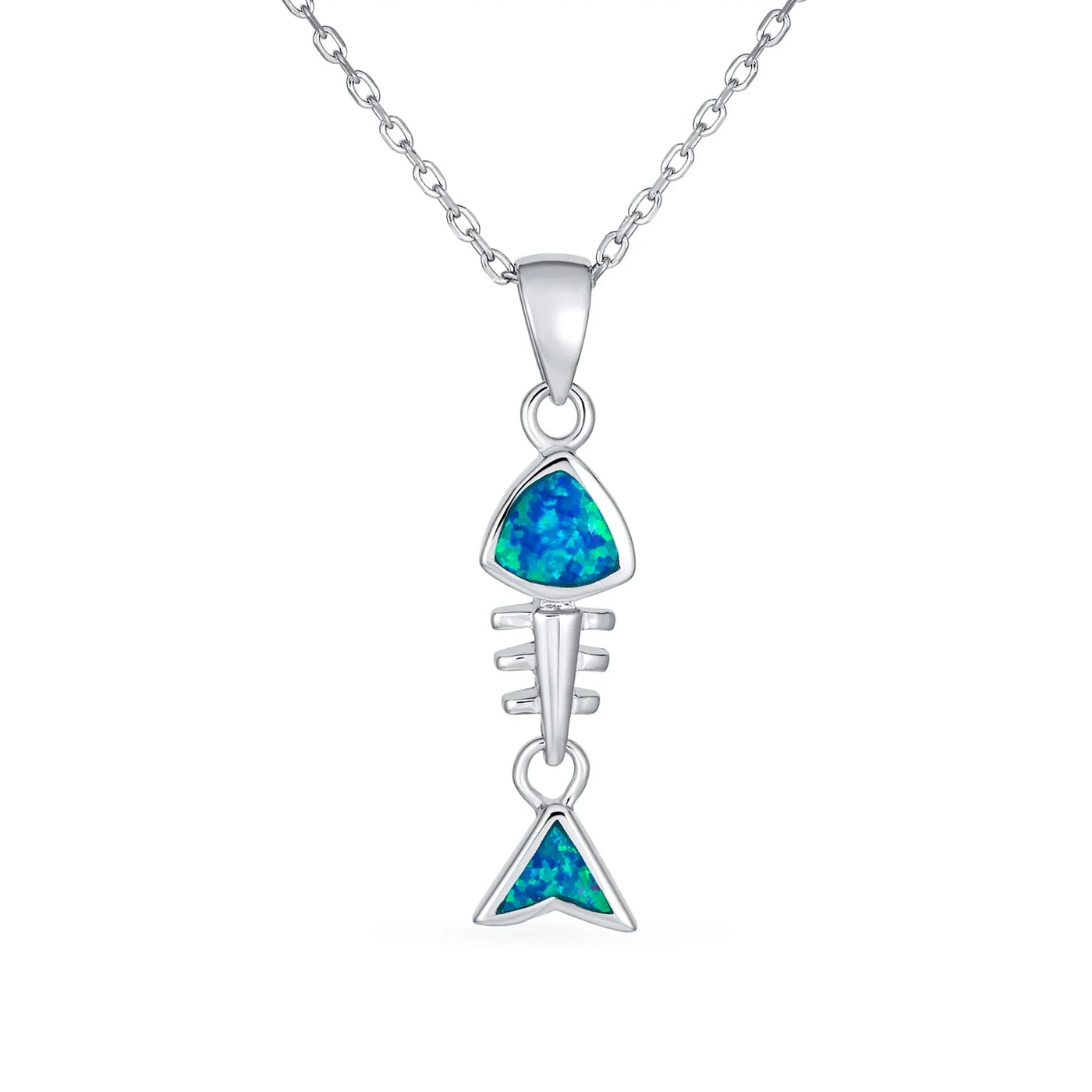 Nautical Gemstone Blue Opal Fishbone Pendant Necklace in Sterling Silver - Bling Jewelry