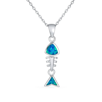 Nautical Gemstone Blue Opal Fishbone Pendant Necklace in Sterling Silver - Bling Jewelry