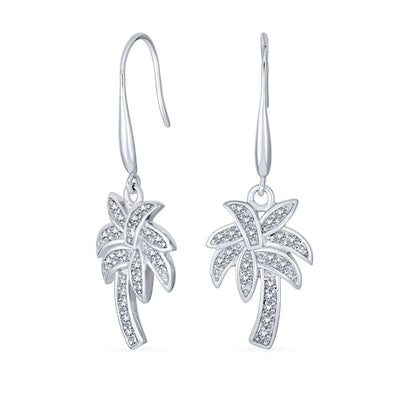 Nautical Beach CZ Palm Tree Dangle Chandelier Earrings in Sterling Silver - Bling Jewelry