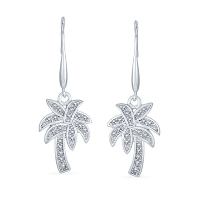 Nautical Beach CZ Palm Tree Dangle Chandelier Earrings in Sterling Silver - Bling Jewelry