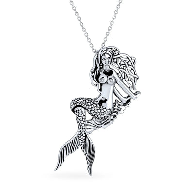 Nautical Sea Siren Mermaid Pendant Necklace in Oxidized Sterling Silver - Bling Jewelry