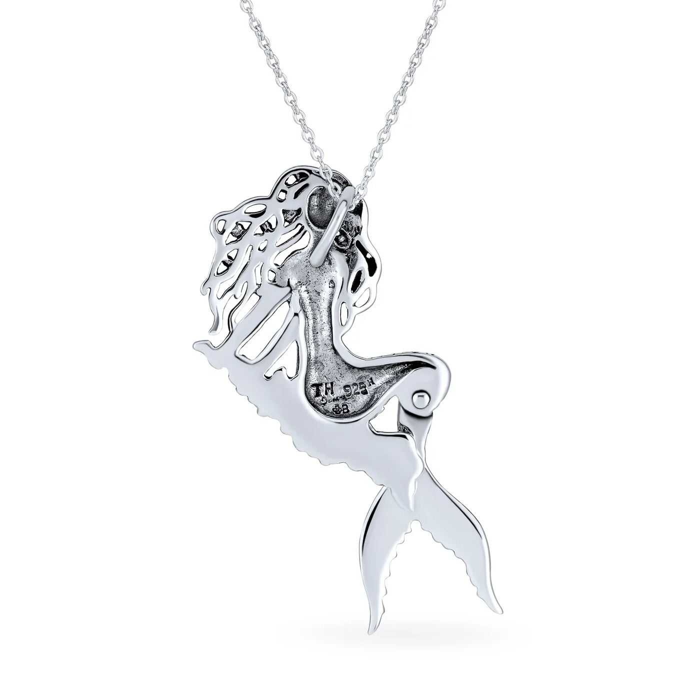 Nautical Sea Siren Mermaid Pendant Necklace in Oxidized Sterling Silver - Bling Jewelry