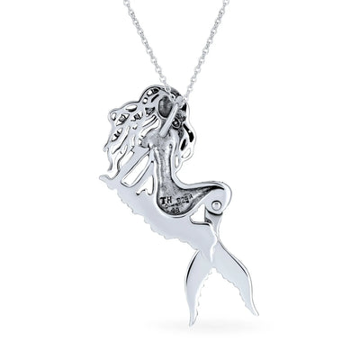 Nautical Sea Siren Mermaid Pendant Necklace in Oxidized Sterling Silver - Bling Jewelry