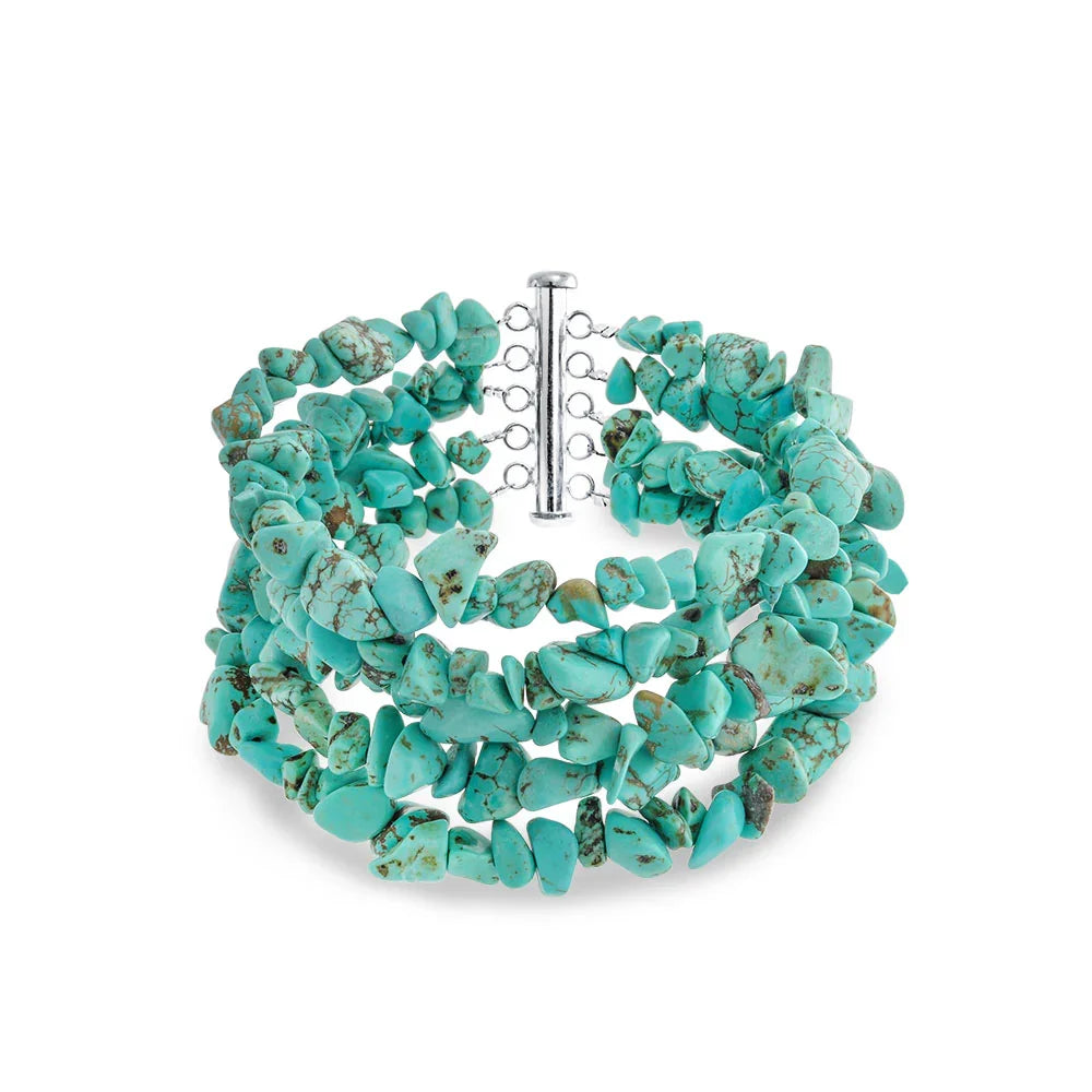 Statement Gemstone Blue Turquoise Multi Strand Bracelet with Silver Clasp - Bling Jewelry