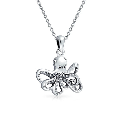 Nautical Ocean Marine Life Squid Octopus Pendant Necklace in Sterling Silver - Bling Jewelry