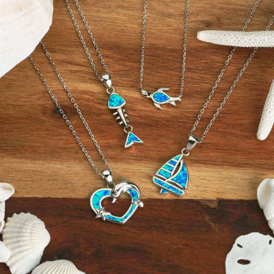 Nautical Gemstone Blue Opal Fishbone Pendant Necklace in Sterling Silver - Bling Jewelry