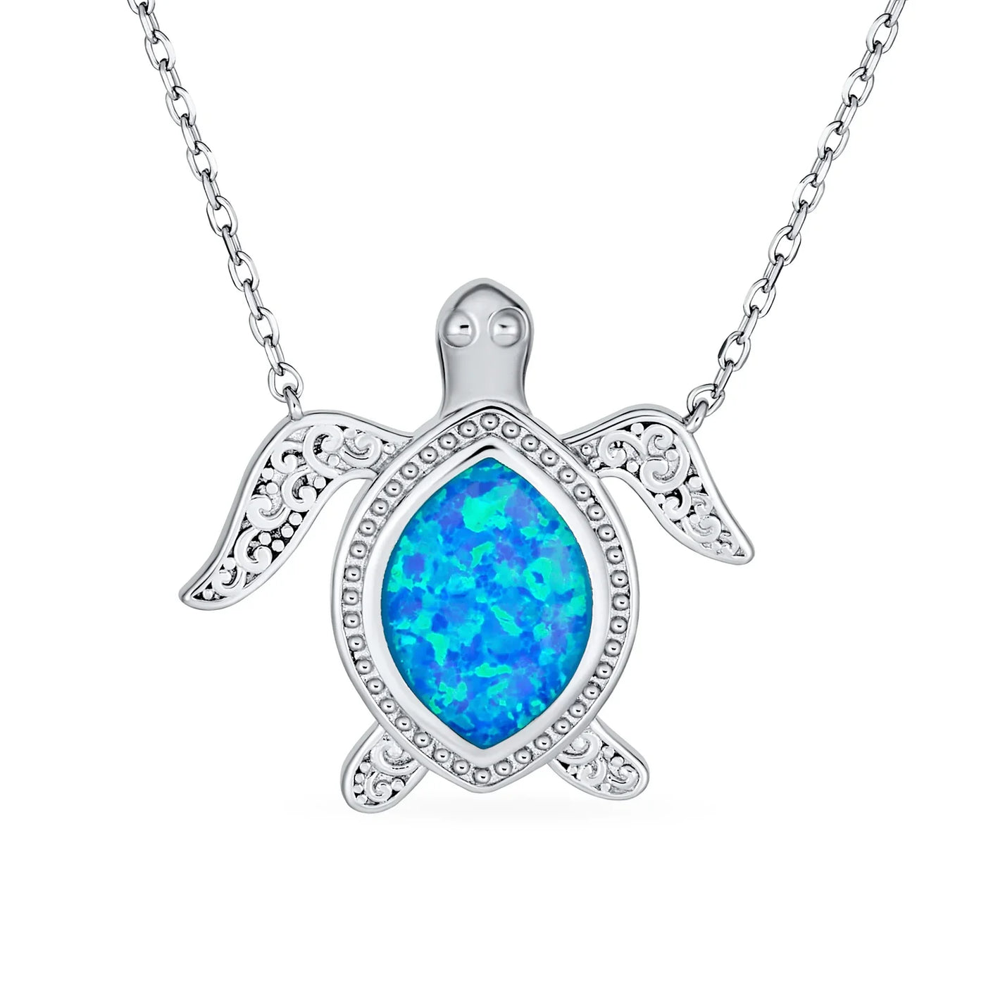 Nautical Blue Opal Inlay Sea Turtle Pendant Necklace Sterling Silver Birthstone - Bling Jewelry