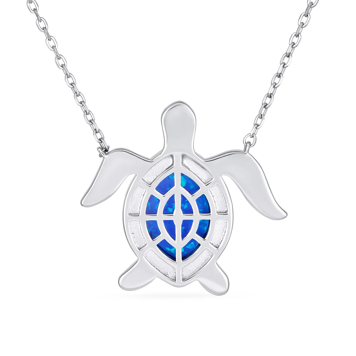 Nautical Blue Opal Inlay Sea Turtle Pendant Necklace Sterling Silver Birthstone - Bling Jewelry