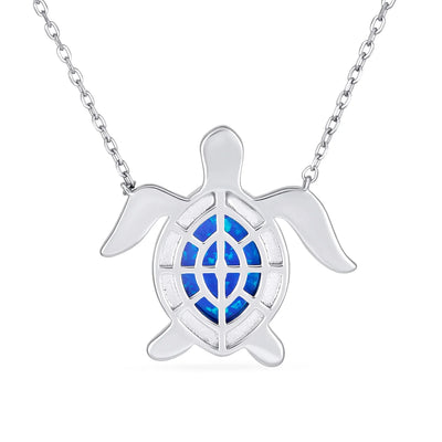 Nautical Blue Opal Inlay Sea Turtle Pendant Necklace Sterling Silver Birthstone - Bling Jewelry