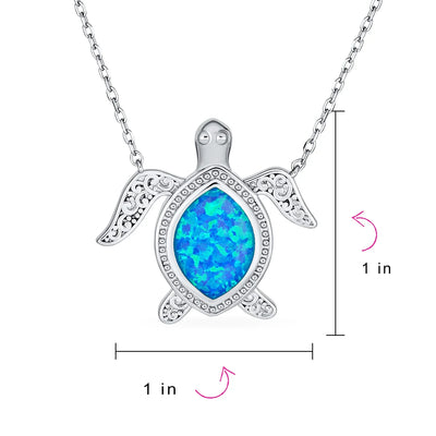 Nautical Blue Opal Inlay Sea Turtle Pendant Necklace Sterling Silver Birthstone - Bling Jewelry