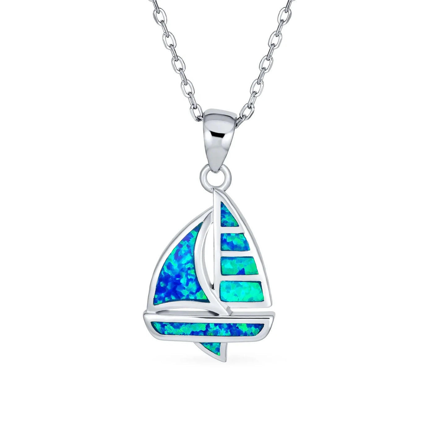 Created Blue Opal Sailboat Pendant Necklace Sterling Silver Nautical Jewelry - Bling Jewelry