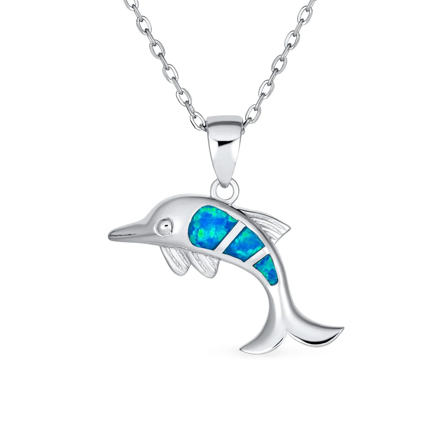 Gemstone Blue Opal Dolphin Pendant Necklace Sterling Silver Nautical Ocean - Bling Jewelry