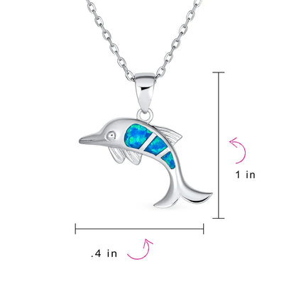 Gemstone Blue Opal Dolphin Pendant Necklace Sterling Silver Nautical Ocean - Bling Jewelry
