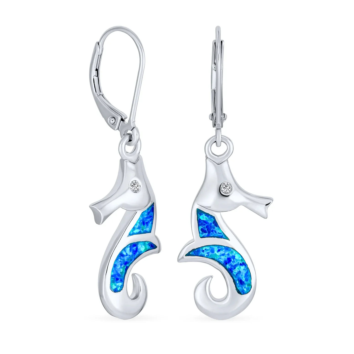 Sea Animal Blue Opal Gemstone Seahorse Dangle Earrings Silver Lever back - Bling Jewelry