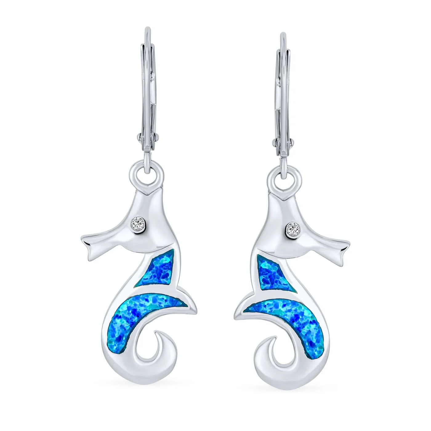 Sea Animal Blue Opal Gemstone Seahorse Dangle Earrings Silver Lever back - Bling Jewelry