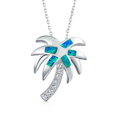 Nautical Tropical Opal Palm Tree Pendant Necklace in Sterling Silver - Bling Jewelry