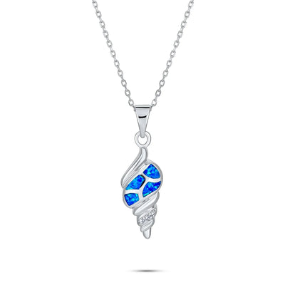 Vacation Blue Gemstone Opal Inlay Sea Shell Pendant Necklace Sterling Silver - Bling Jewelry