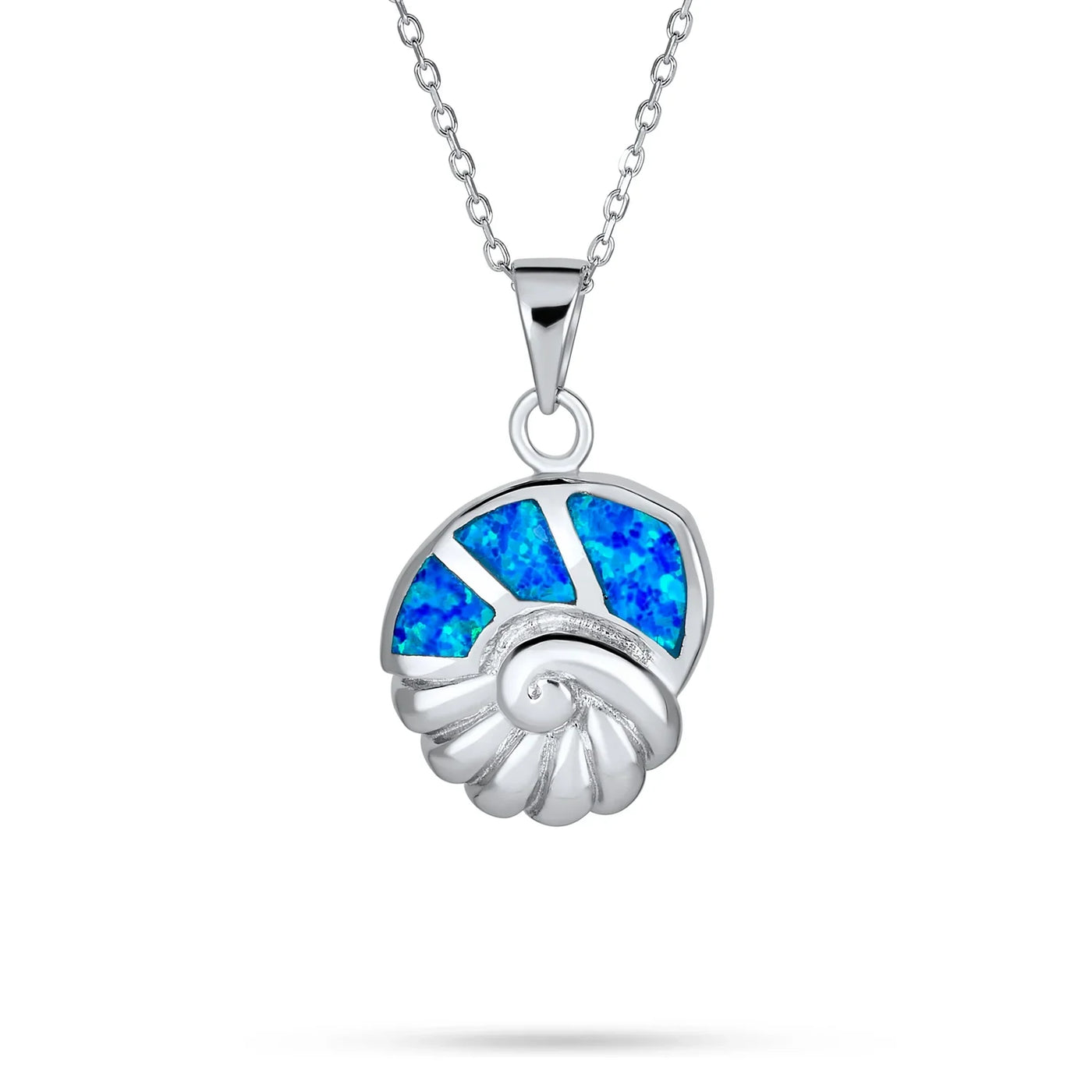 Large Blue Gemstone Opal Inlay Nautical Beach Shell Pendant Necklace Silver - Bling Jewelry