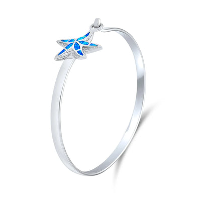 Nautical Starfish Blue Opal Bangle Bracelet in Polished Sterling Silver - Bling Jewelry