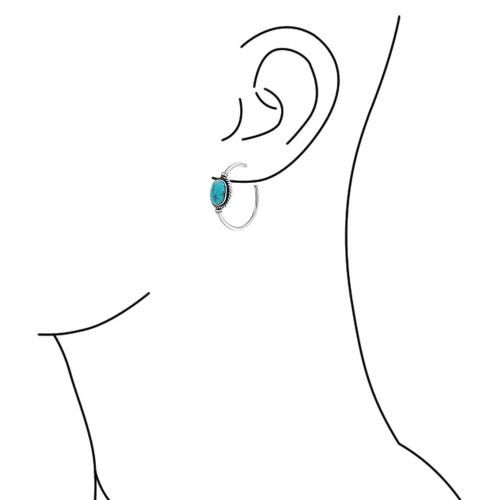 Oval Turquoise Twisted Rope Hoop Stud Western Earrings Stainless Steel - Bling Jewelry
