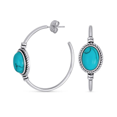 Oval Turquoise Twisted Rope Hoop Stud Western Earrings Stainless Steel - Bling Jewelry