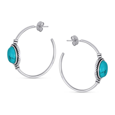 Oval Turquoise Twisted Rope Hoop Stud Western Earrings Stainless Steel - Bling Jewelry