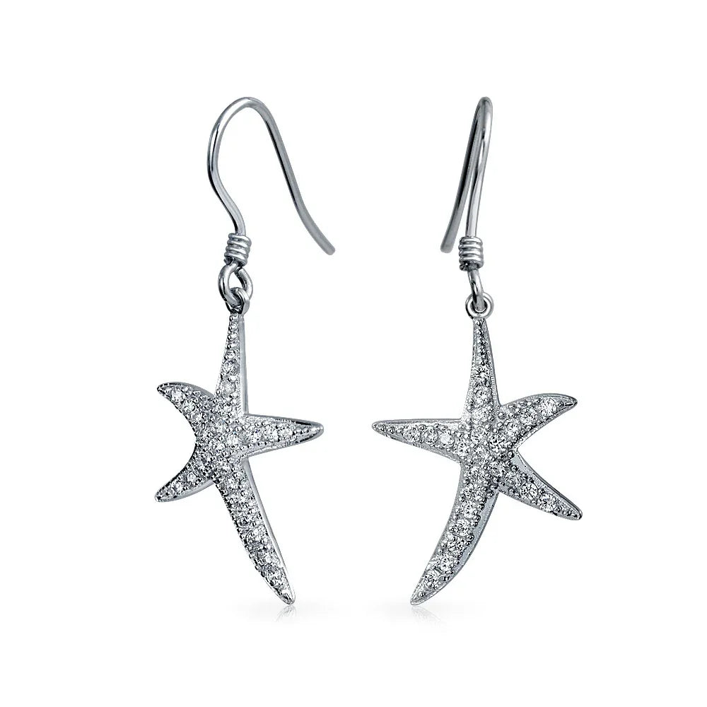 Nautical Starfish Dangle Chandelier Earrings with CZ Pave in Sterling Silver - Bling Jewelry