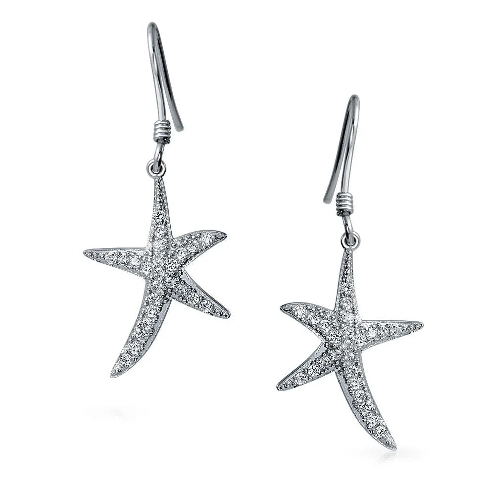 Nautical Starfish Dangle Chandelier Earrings with CZ Pave in Sterling Silver - Bling Jewelry