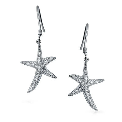 Nautical Starfish Dangle Chandelier Earrings with CZ Pave in Sterling Silver - Bling Jewelry