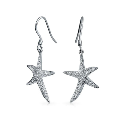 Nautical Starfish Dangle Chandelier Earrings with CZ Pave in Sterling Silver - Bling Jewelry