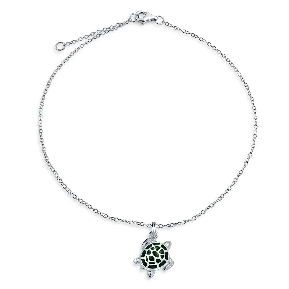 Hawaii Nautical Charm Sea Green Turtle Anklet Ankle Bracelet Silver 9-10 Inch - Bling Jewelry
