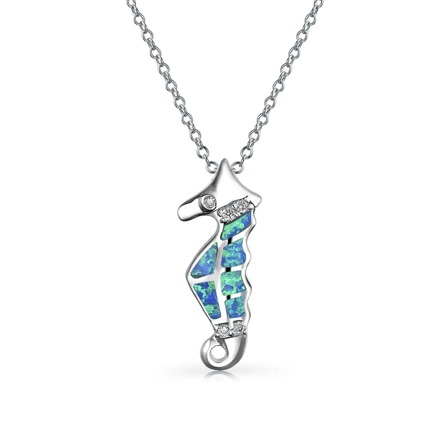 Blue Opal Seahorse Pendant Necklace Sterling Silver Nautical Beach Jewelry - Bling Jewelry